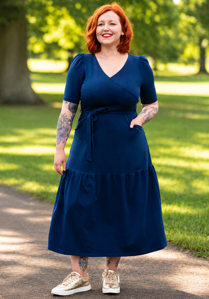 Marlene Navy Tiered Hem Cotton Midaxi Dress