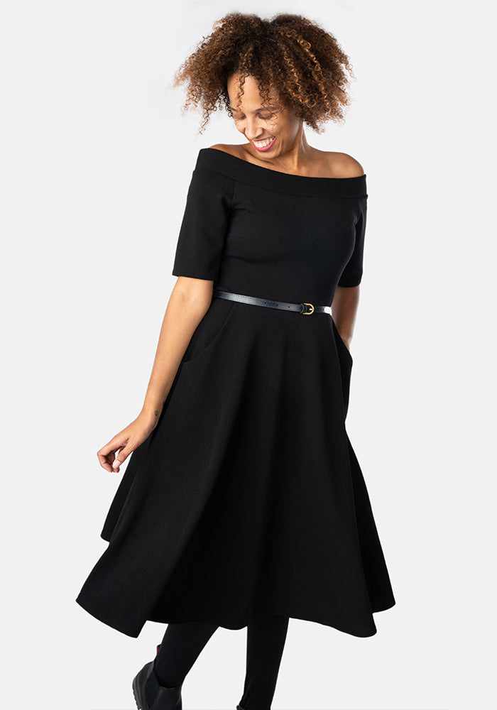 Front view of Marri Black Swing Dress
