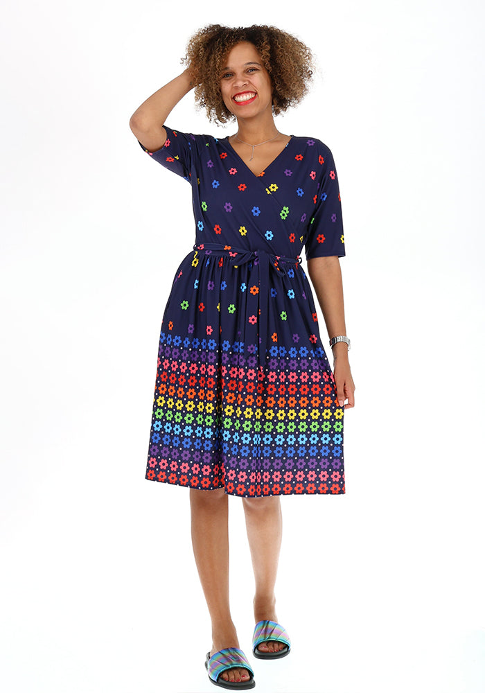 Front view of Maybel Retro Flower Border Print Jersey Dress