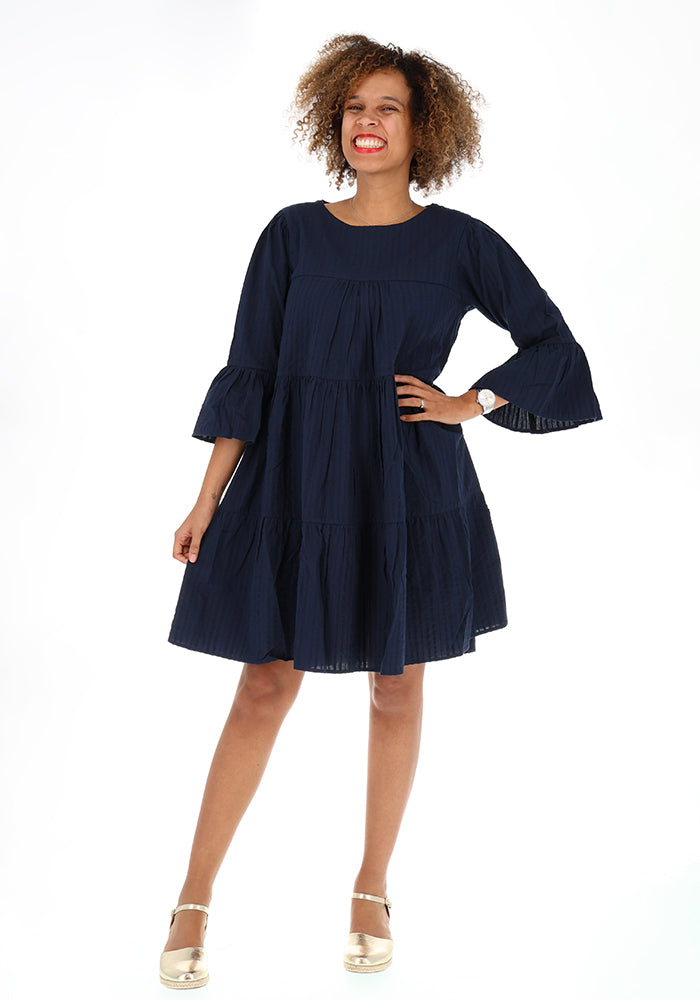 Third angle of Mayliss Navy Textured Woven Cotton Tiered Dress