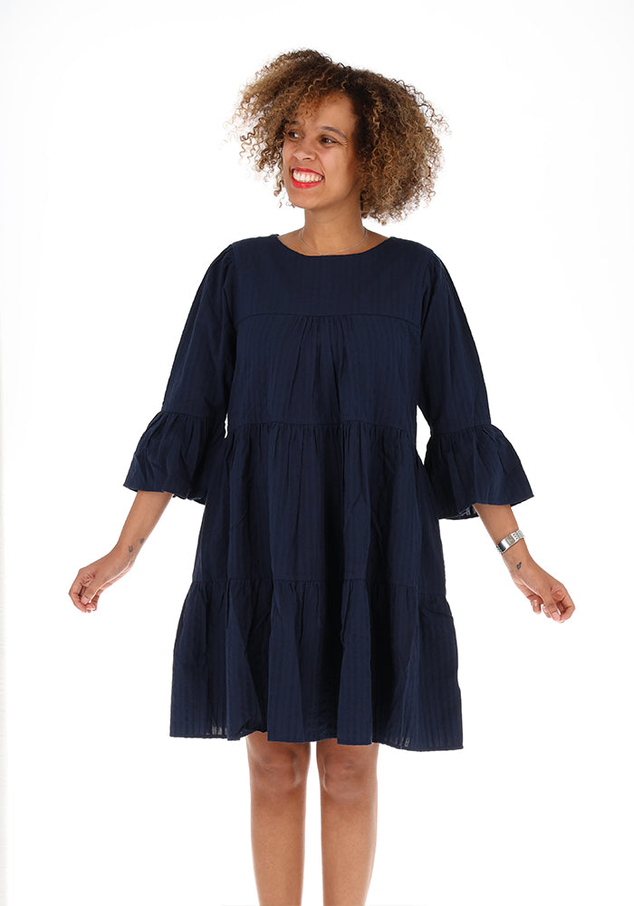 Second angle of Mayliss Navy Textured Woven Cotton Tiered Dress