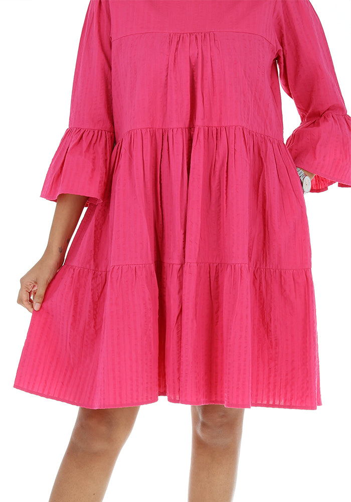 Second angle of Mayliss Pink Textured Woven Cotton Tiered Dress