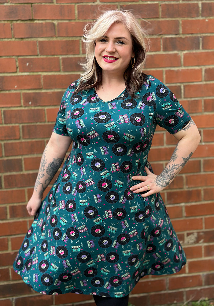 Front view of Maz Mixtapes Print Cotton Trapeze Dress