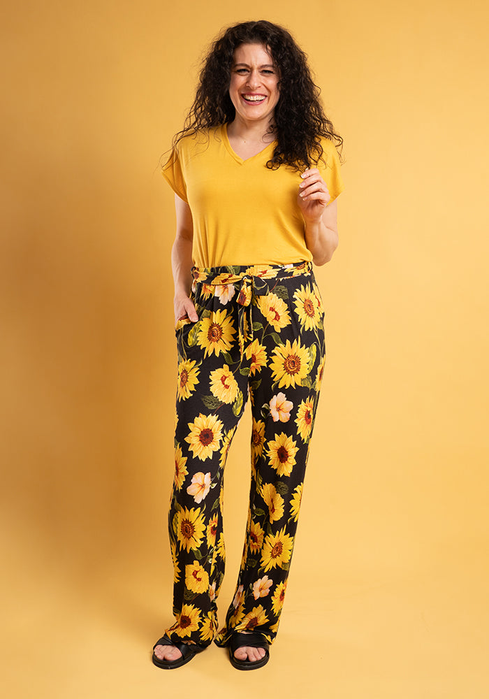 Front view of Melenia Sunflower Print Full Length Viscose Trousers