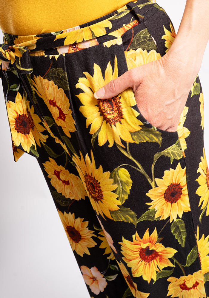 Third angle of Melenia Sunflower Print Full Length Viscose Trousers