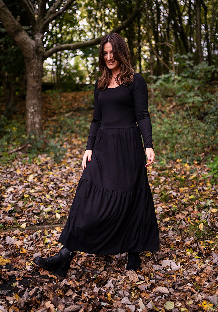 Sixth angle of Mena Black Tiered Hem Midaxi Dress