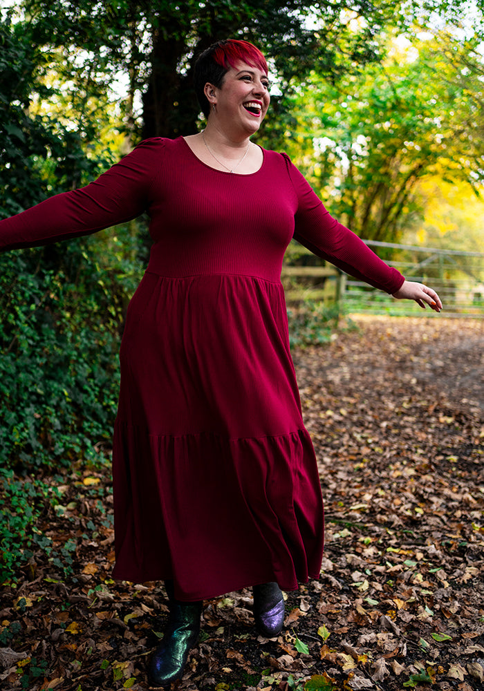 Front view of Mena Wine Tiered Hem Midaxi Dress