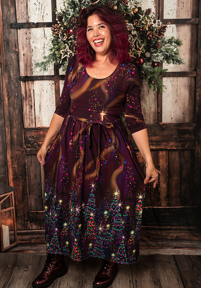 Mercia Wine Northern Lights Print Cotton Midaxi Dress