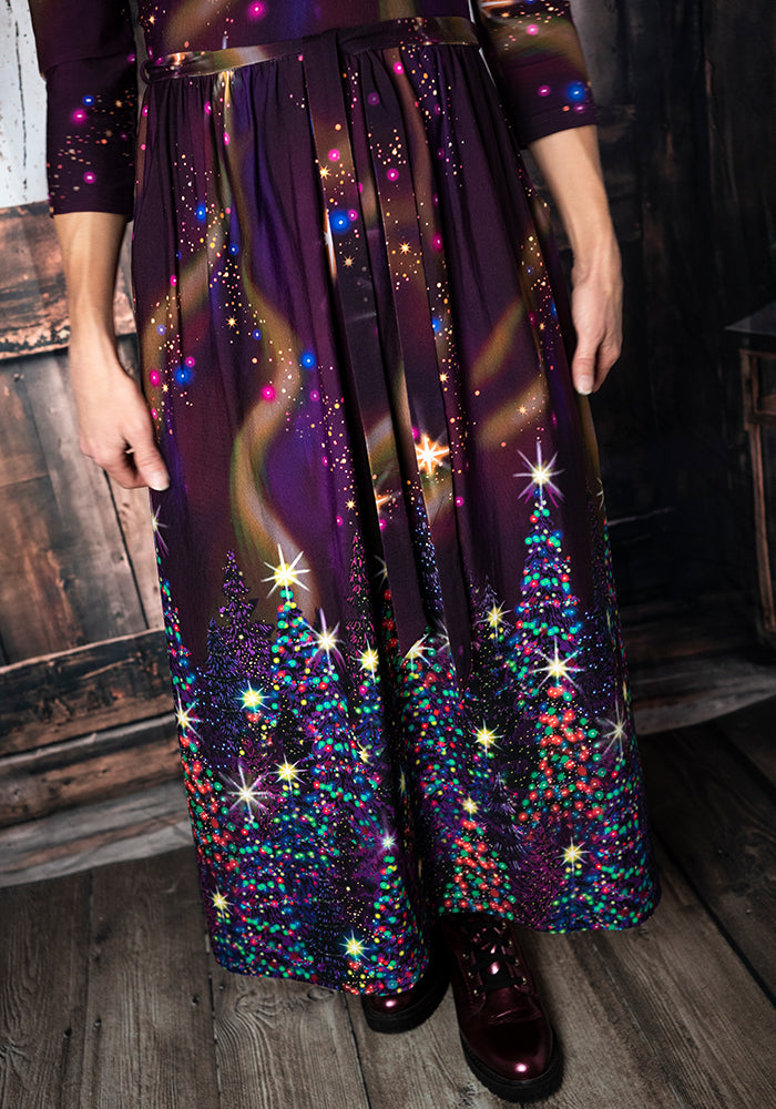 Mercia Wine Northern Lights Print Cotton Midaxi Dress
