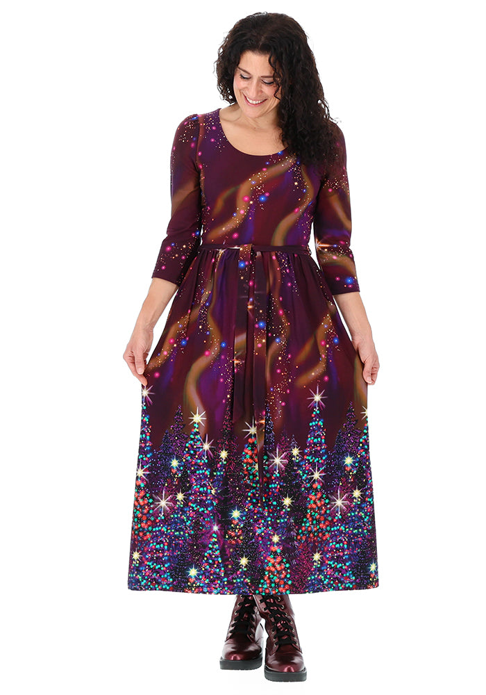 Mercia Wine Northern Lights Print Cotton Midaxi Dress