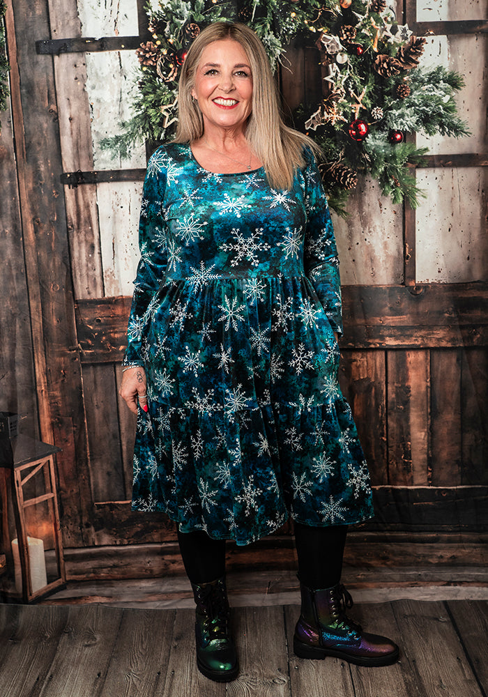 Mercy Teal Snowflake Print 2 Tiered Dress