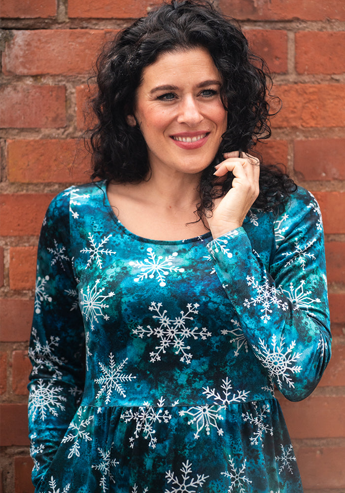 Mercy Teal Snowflake Print 2 Tiered Dress