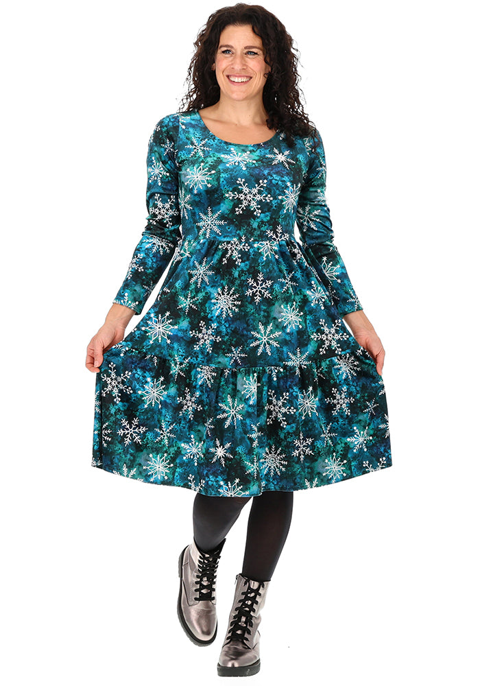 Mercy Teal Snowflake Print 2 Tiered Dress