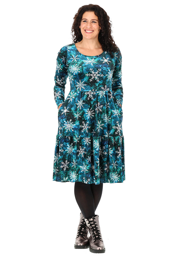 Mercy Teal Snowflake Print 2 Tiered Dress