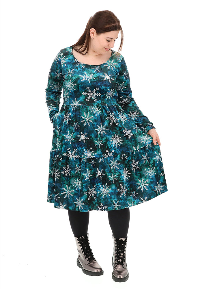 Mercy Teal Snowflake Print 2 Tiered Dress