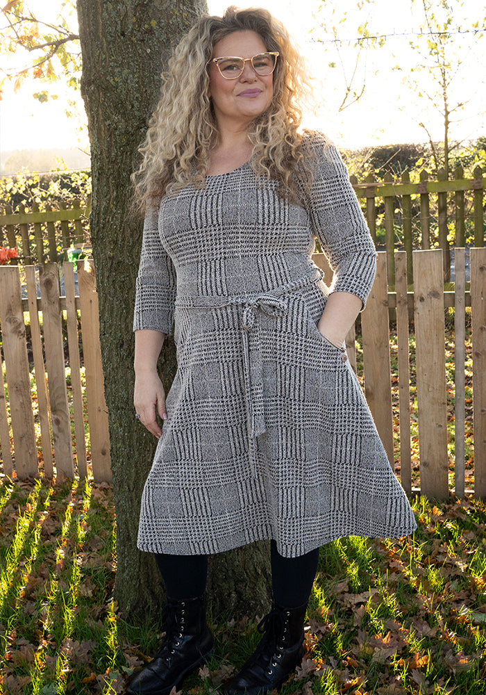 Merissa Natural &amp; Black Check Jacquard Dress