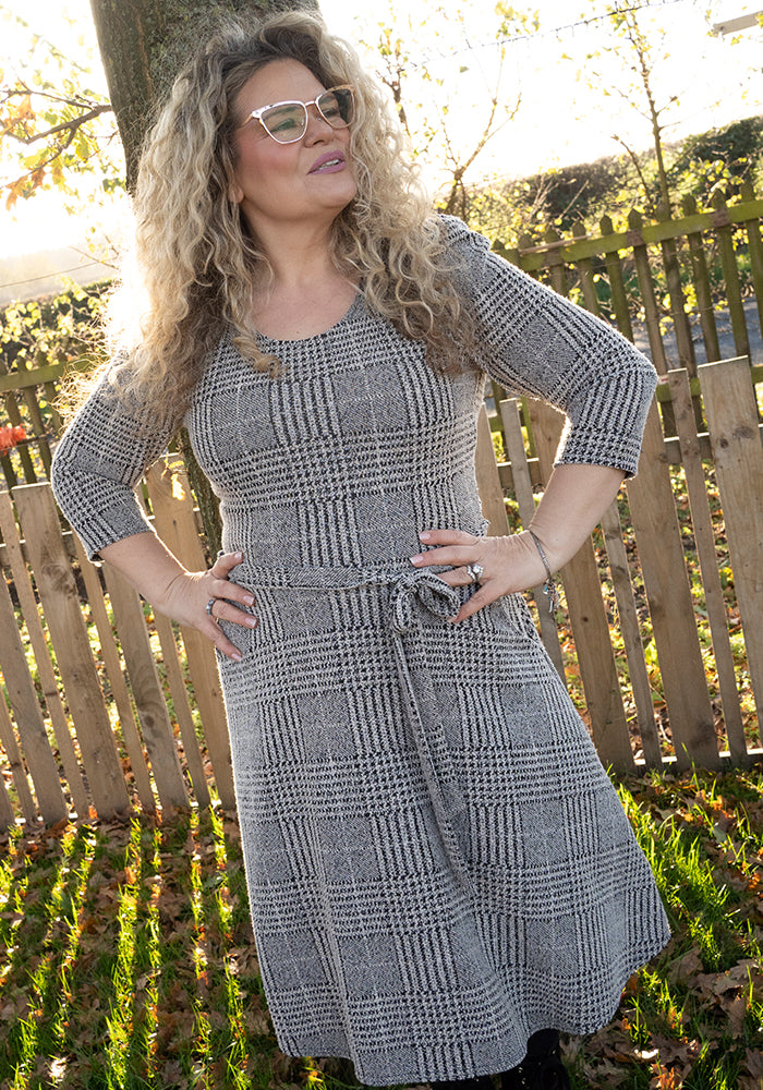 Merissa Natural &amp; Black Check Jacquard Dress