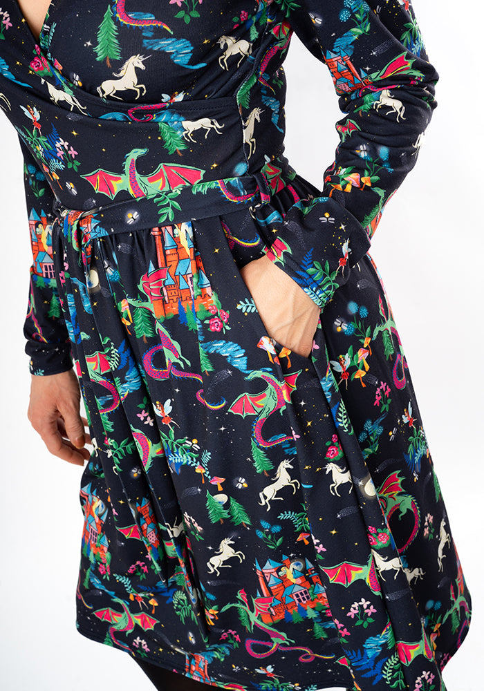 Seventh angle of Meron Fairytale Dragons Print Dress, our jersey is a smooth, stretchy fabric known for its comfort and ease.