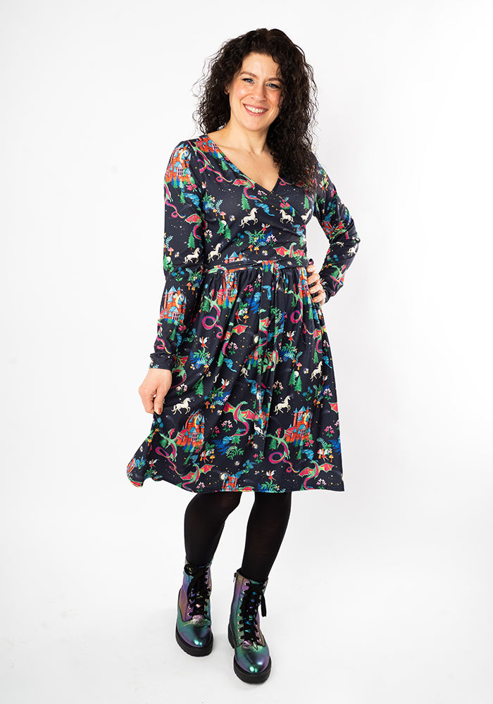 Ninth angle of Meron Fairytale Dragons Print Dress, our jersey is a smooth, stretchy fabric known for its comfort and ease.