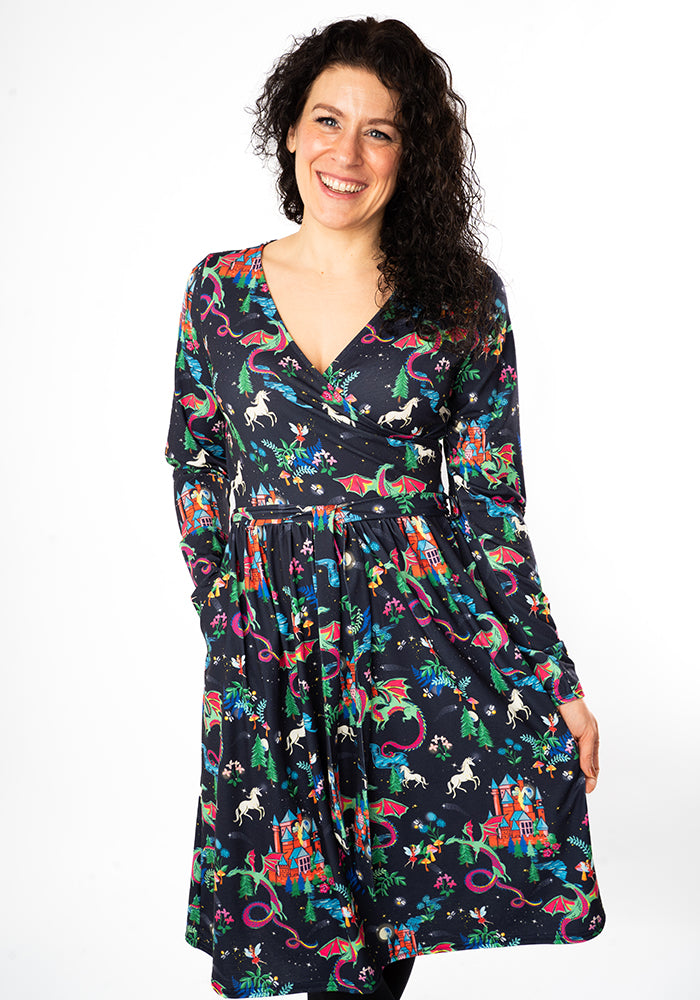 Fifth angle of Meron Fairytale Dragons Print Dress, our jersey is a smooth, stretchy fabric known for its comfort and ease.