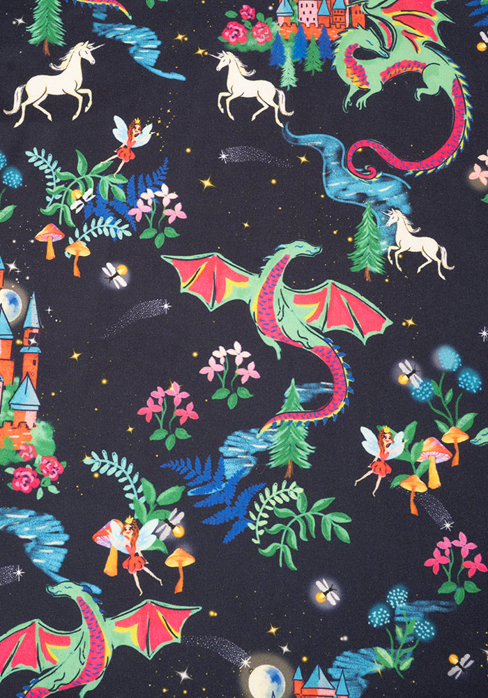 Second angle of Meron Fairytale Dragons Print Dress, our jersey is a smooth, stretchy fabric known for its comfort and ease.