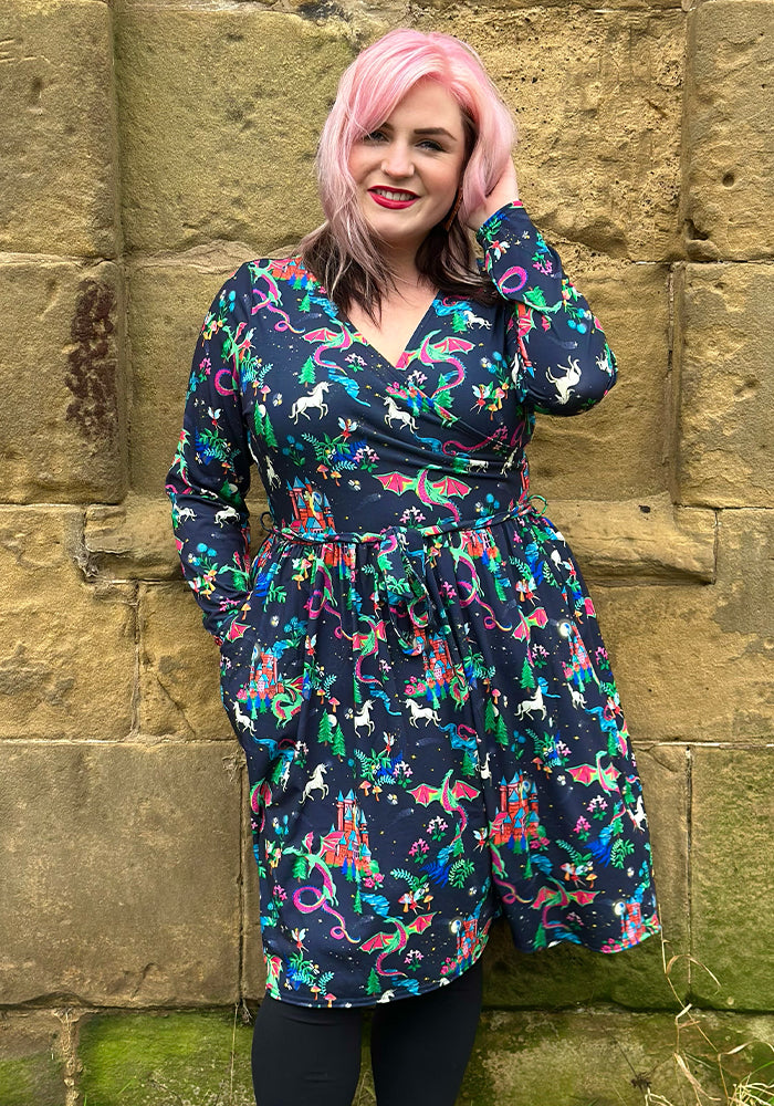 Eighth angle of Meron Fairytale Dragons Print Dress, our jersey is a smooth, stretchy fabric known for its comfort and ease.