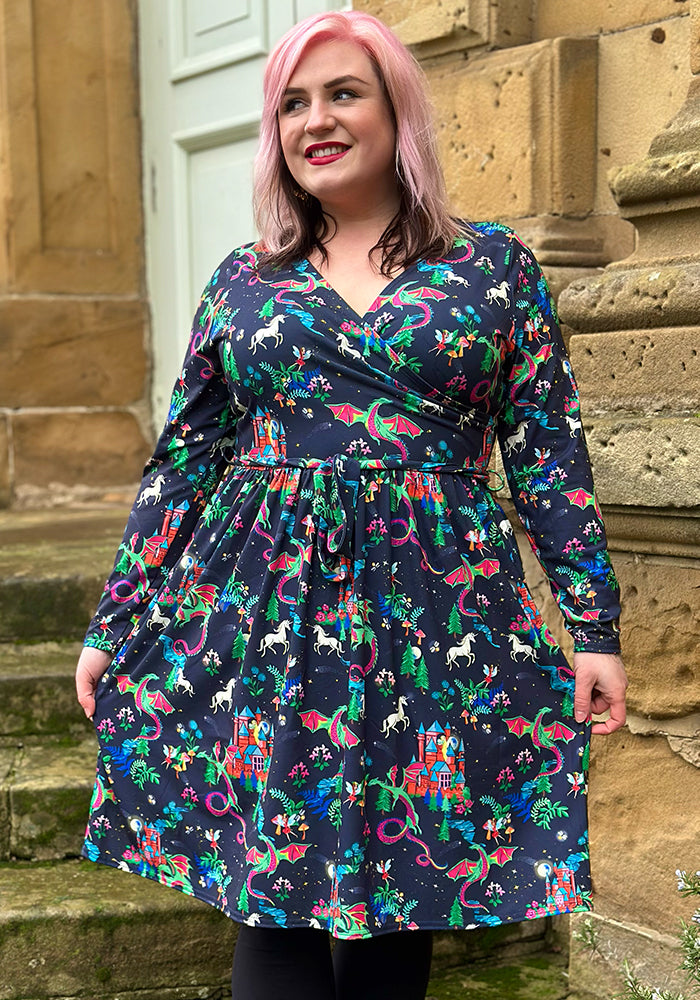 Third angle of Meron Fairytale Dragons Print Dress, our jersey is a smooth, stretchy fabric known for its comfort and ease.