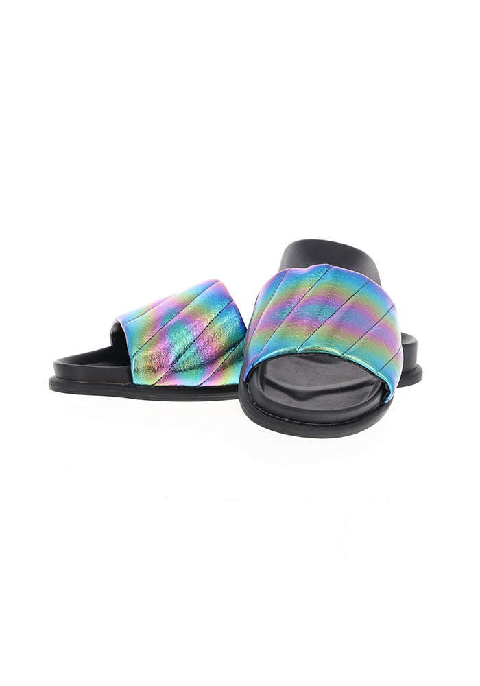 Front view of Metallic Rainbow Slider, metallic Rainbow Slider Bold, colourful and made for easy everyday wear.