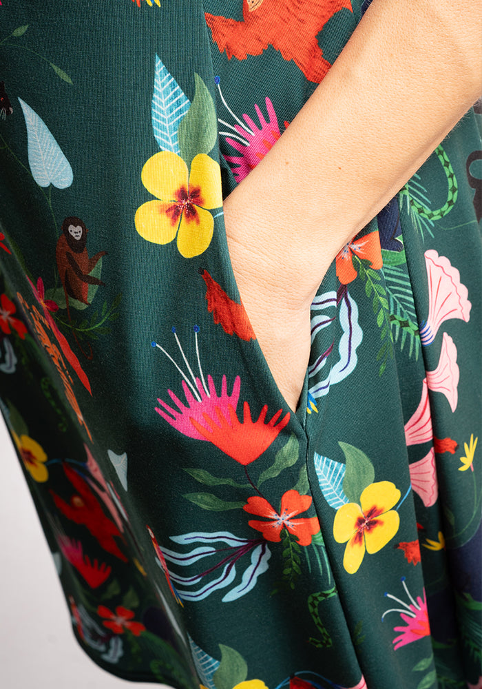 Fifth angle of Mhairi Jungle Story Print Dress, our jersey is a smooth, stretchy fabric known for its comfort and ease.