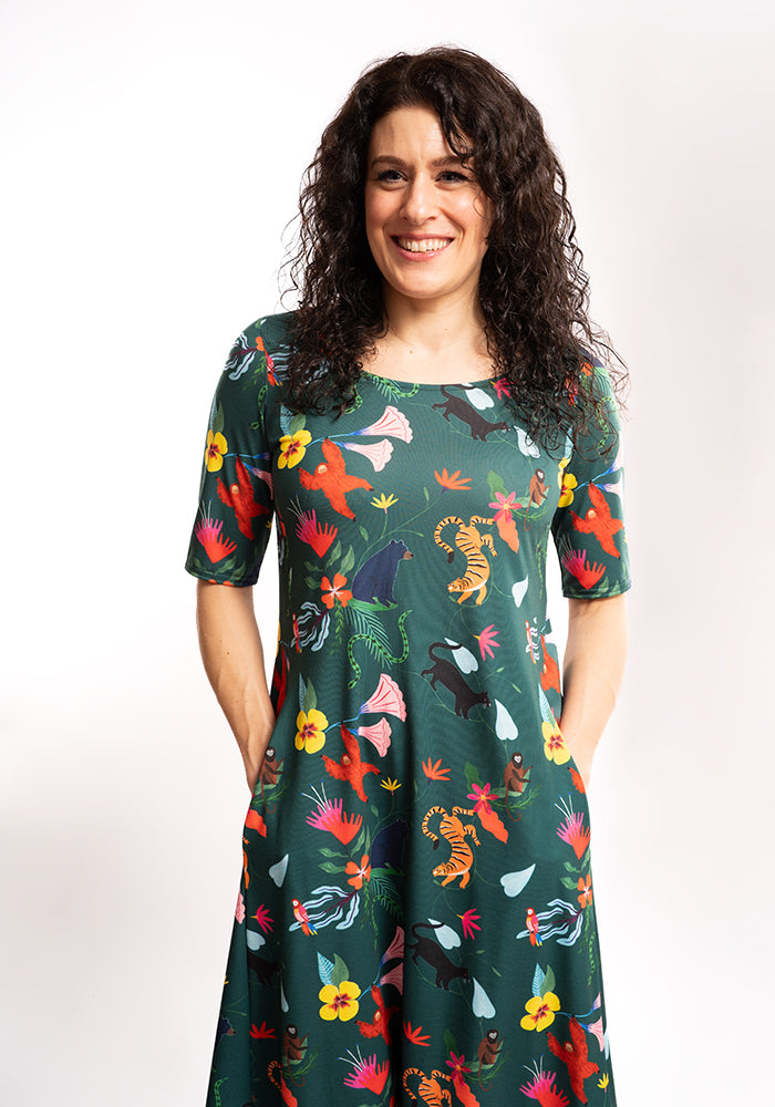 Fourth angle of Mhairi Jungle Story Print Dress, our jersey is a smooth, stretchy fabric known for its comfort and ease.