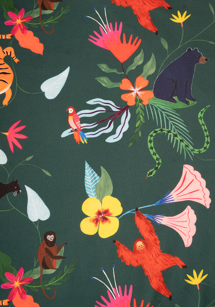 Second angle of Mhairi Jungle Story Print Dress, our jersey is a smooth, stretchy fabric known for its comfort and ease.