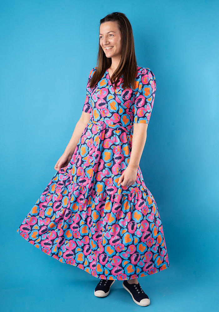 Front view of Micah Watercolour Animal Print Tiered Hem Midaxi Dress