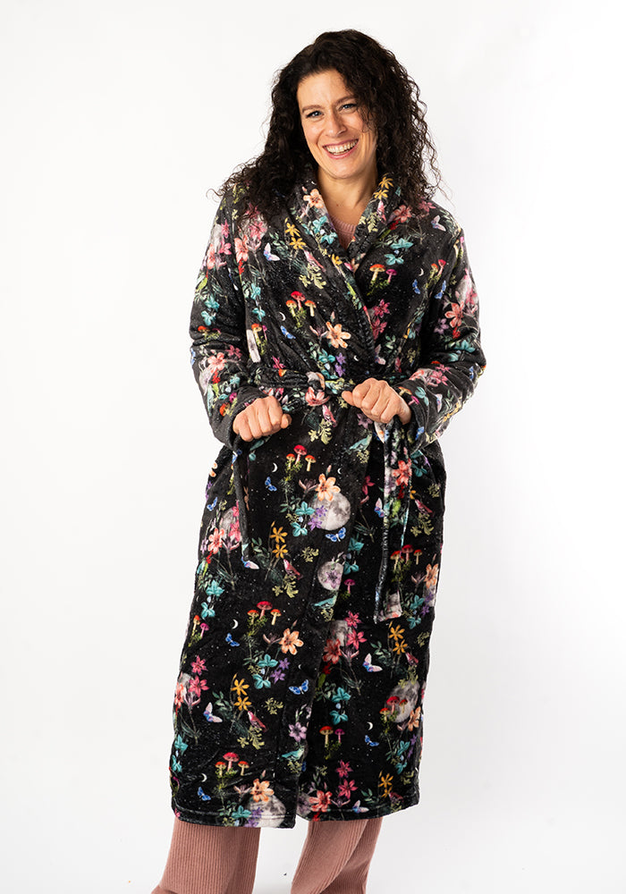 Front view of Midnight Botanical Print Dressing Gown