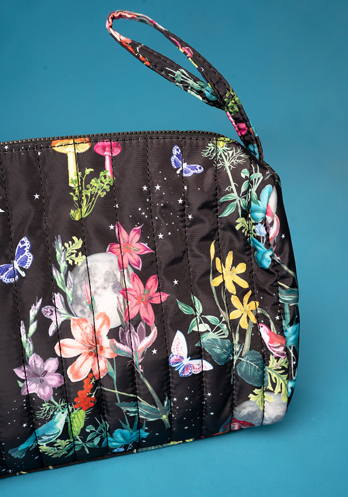 Midnight Botanical Print Quilted Popsy Makeup Bag