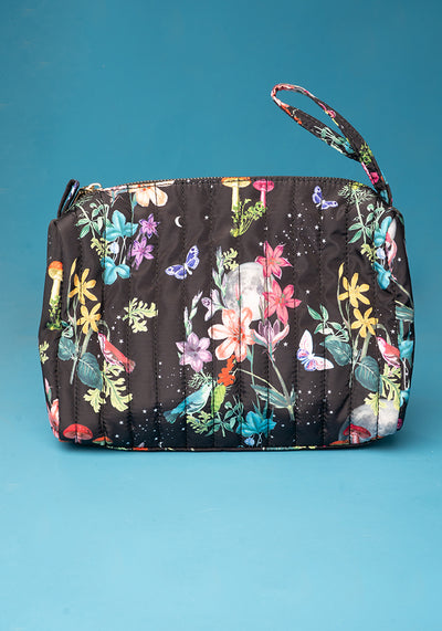 Midnight Botanical Print Quilted Popsy Makeup Bag