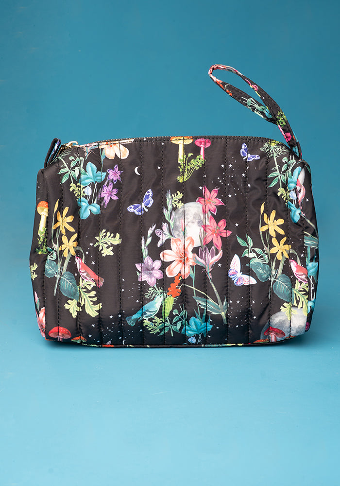 Midnight Botanical Print Quilted Popsy Makeup Bag