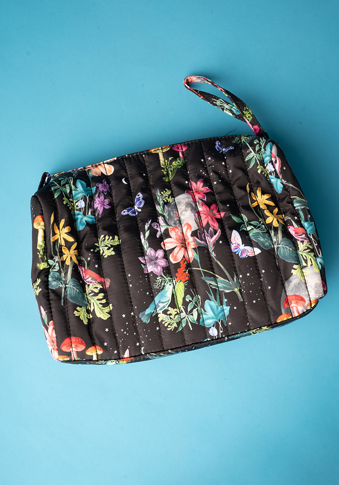 Midnight Botanical Print Quilted Popsy Makeup Bag