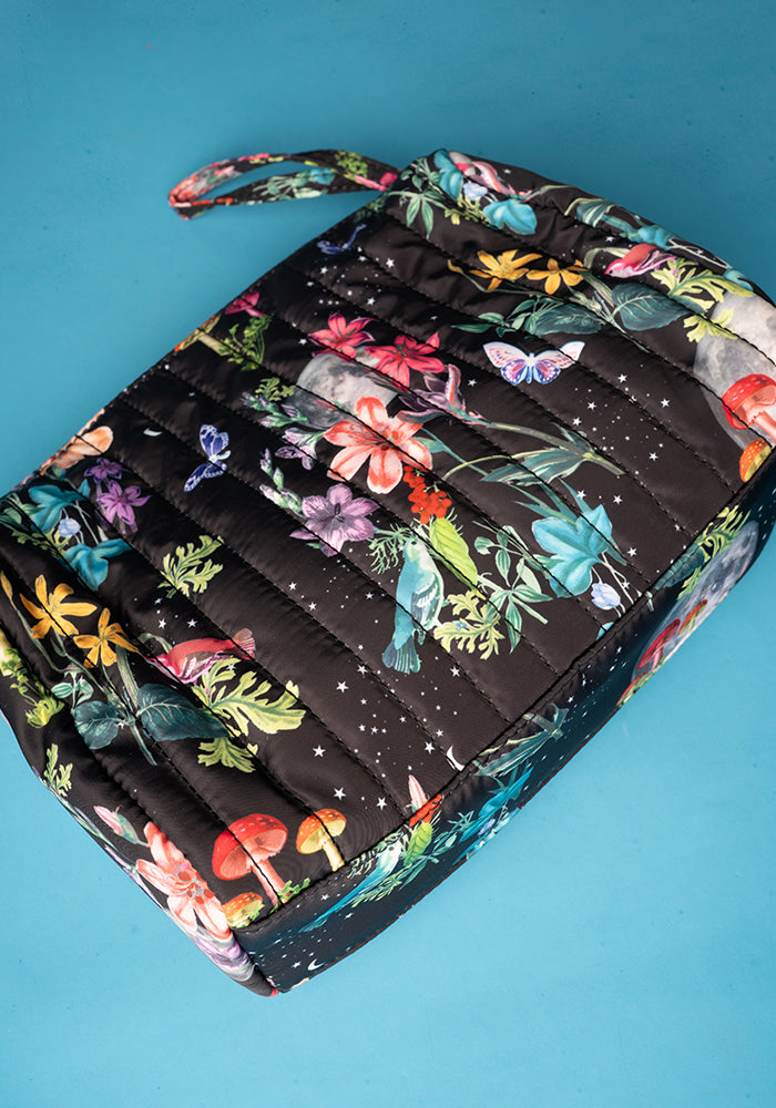 Midnight Botanical Print Quilted Popsy Makeup Bag