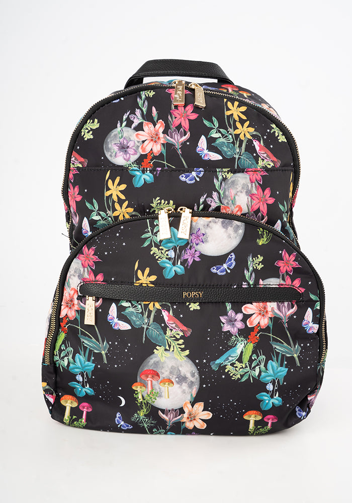 Front view of Midnight Botanical Print Rucksack