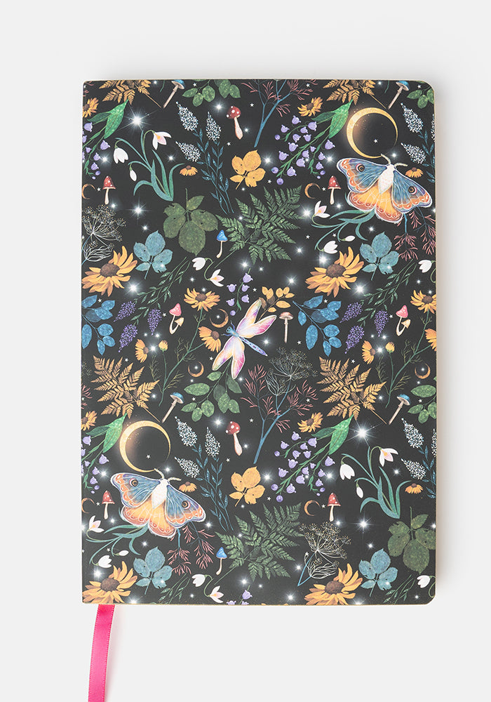 Front view of Cute Midnight Moth Print Notebook - Colourful Quirky Journal Gift