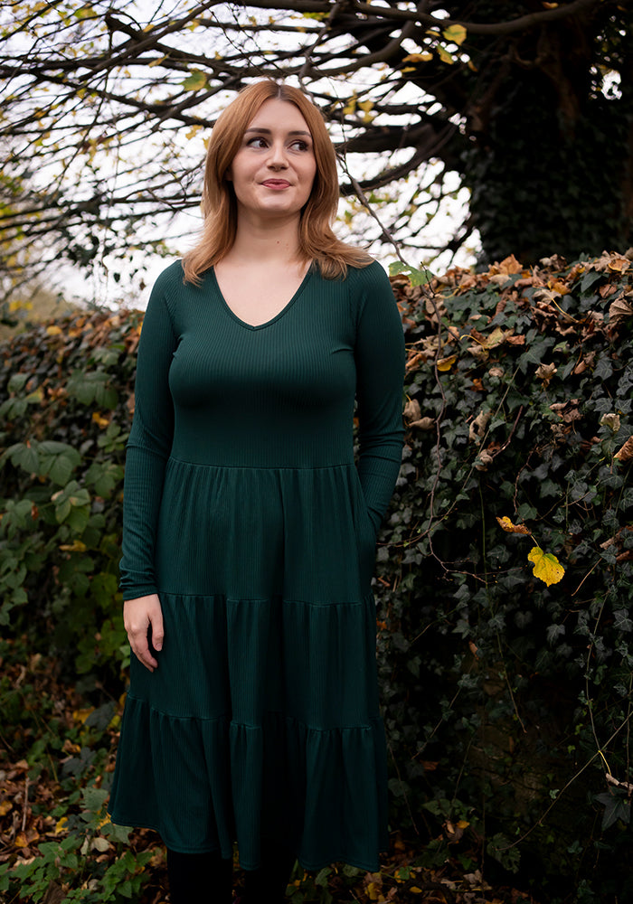 Mila Bottle Green Tiered Hem Dress