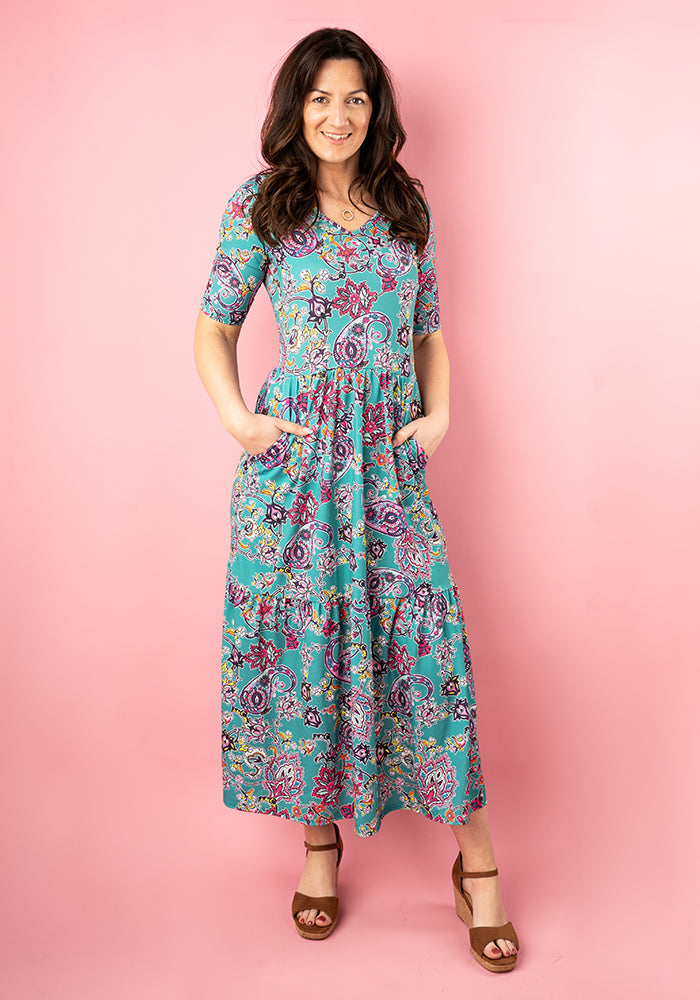 Front view of Milani Damask Paisley Print Tiered Hem Midaxi Dress