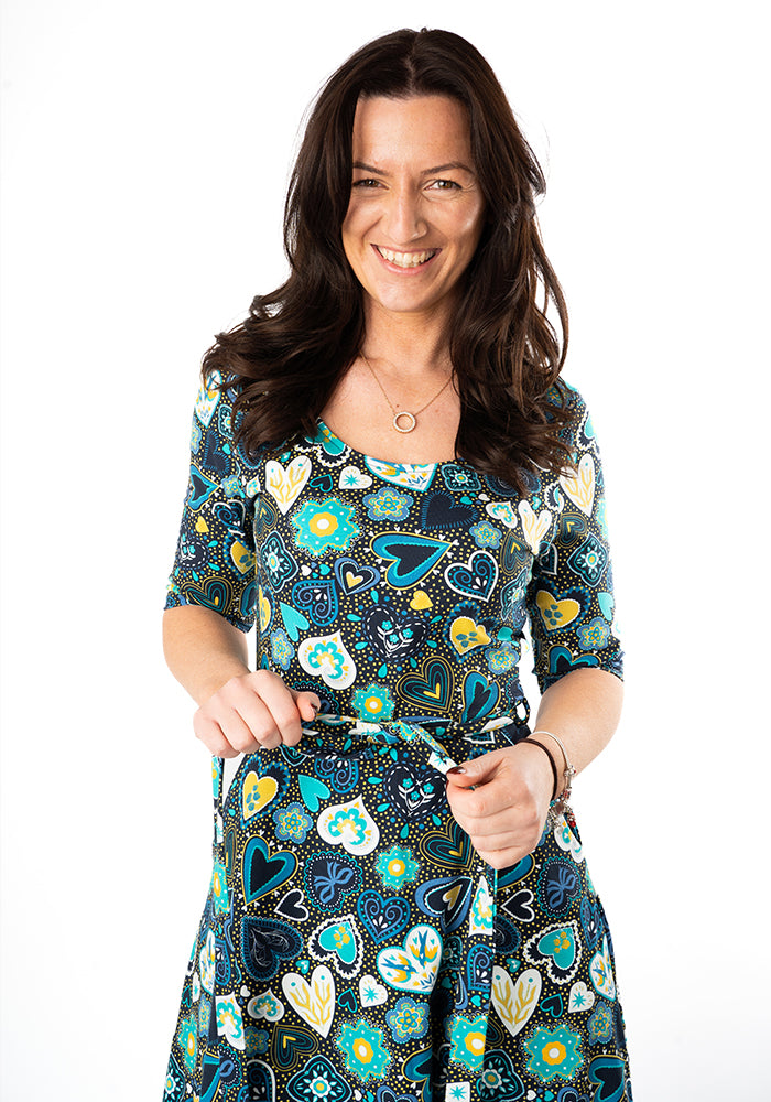 Front view of Milena Folklore Hearts Print Cotton Midi Dress