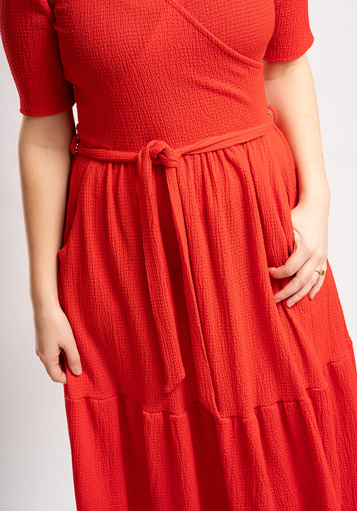 Second angle of Miles Plain Red Crinkle Tiered Hem Midaxi Dress