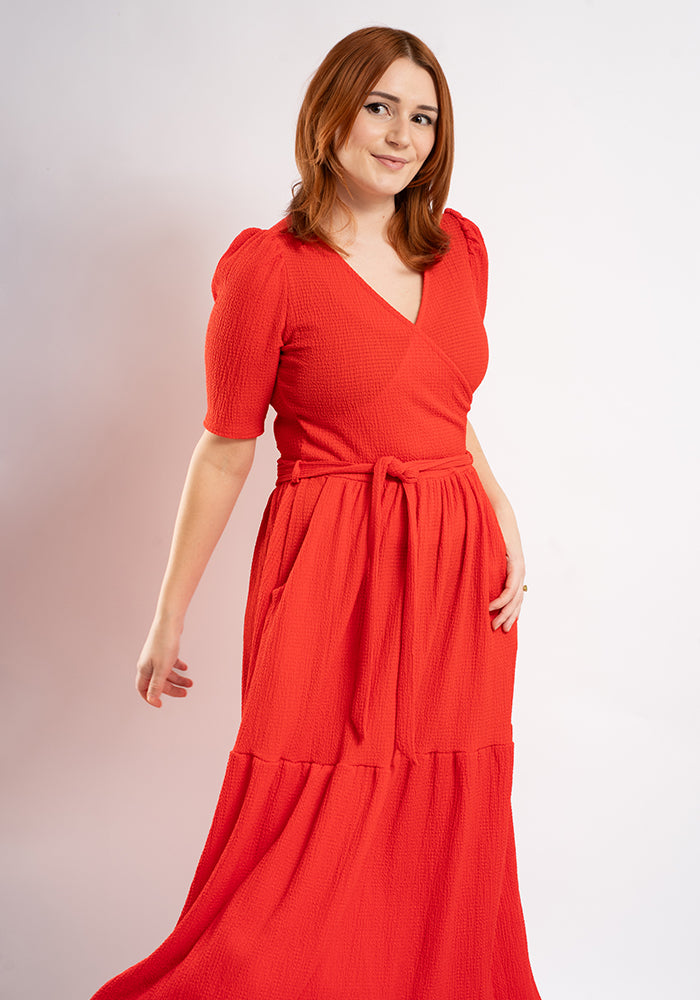Third angle of Miles Plain Red Crinkle Tiered Hem Midaxi Dress