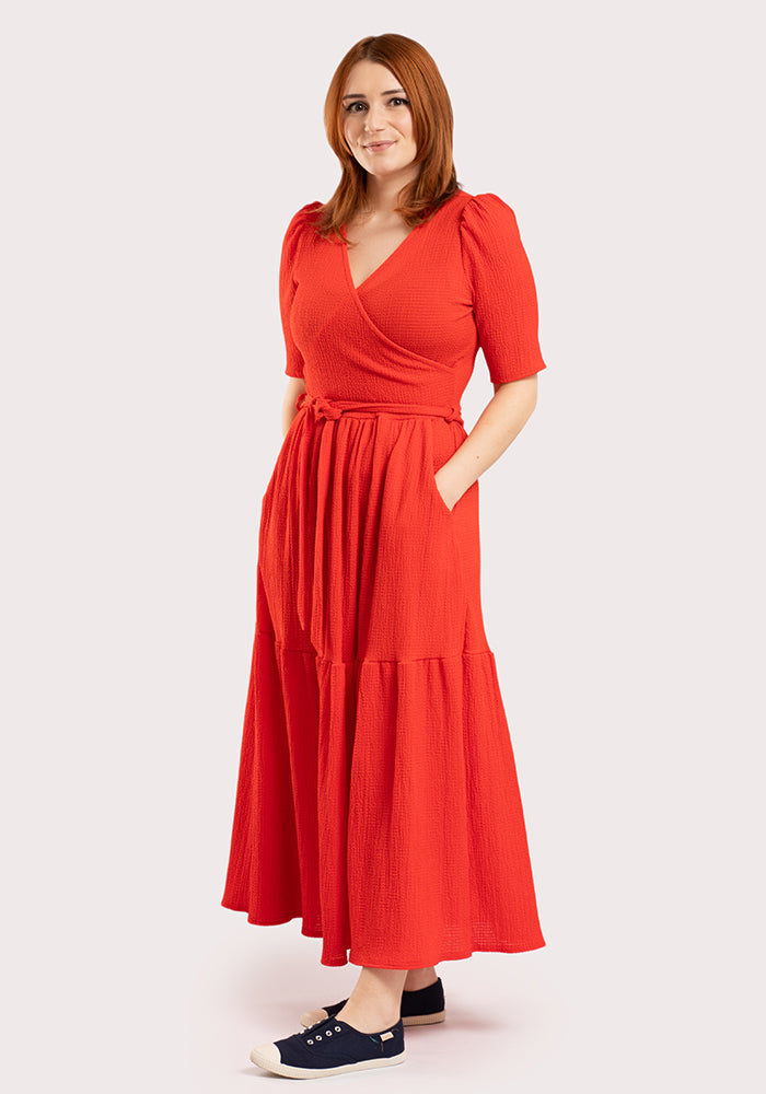 Front view of Miles Plain Red Crinkle Tiered Hem Midaxi Dress