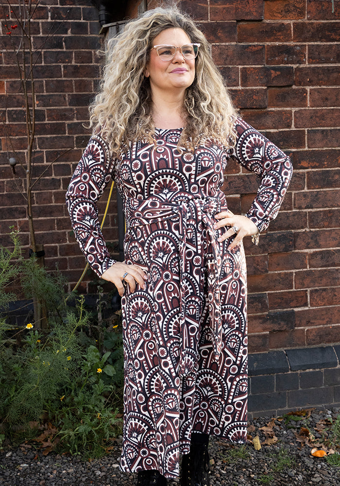 Front view of Minna Brown Hand Painted Deco Print Midi Dress