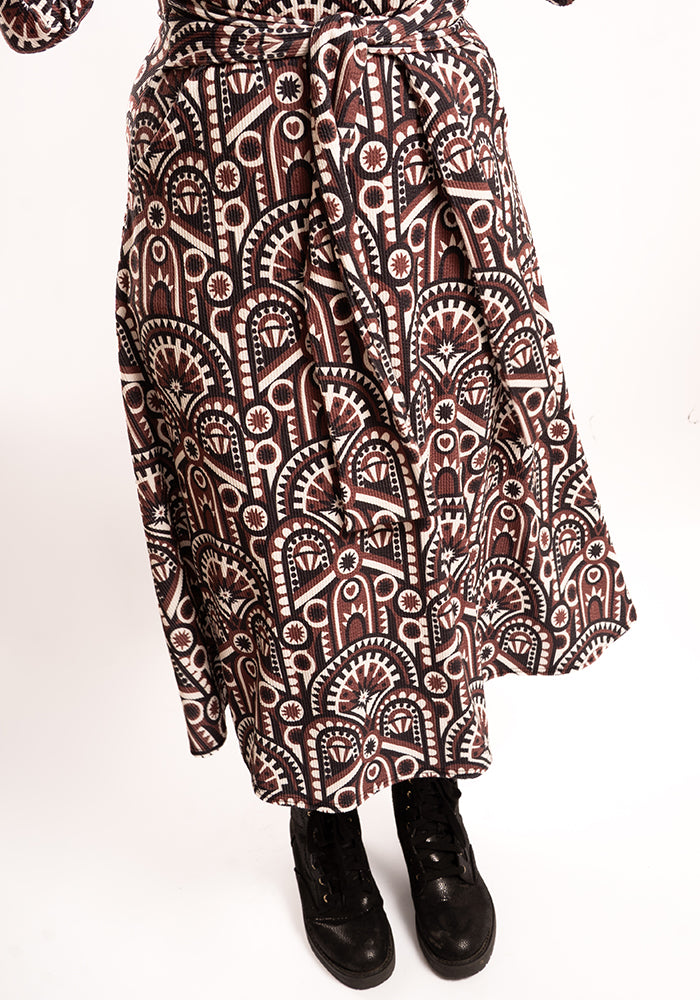 Fourth angle of Minna Brown Hand Painted Deco Print Midi Dress