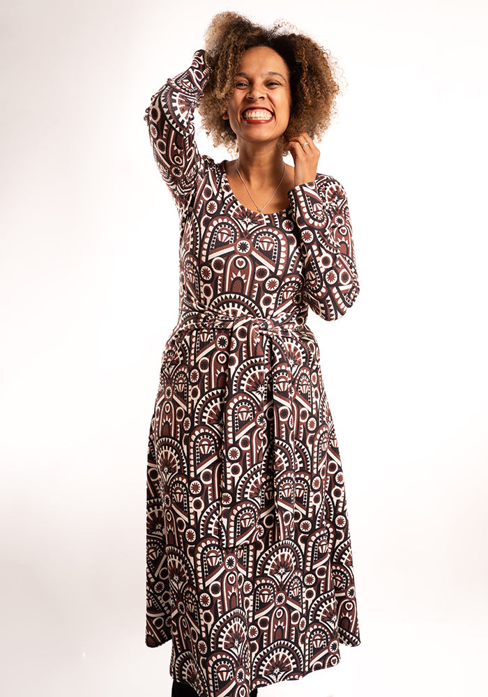 Seventh angle of Minna Brown Hand Painted Deco Print Midi Dress