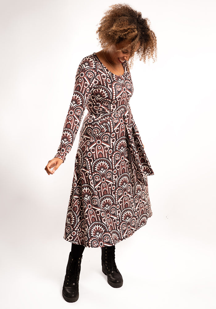 Sixth angle of Minna Brown Hand Painted Deco Print Midi Dress